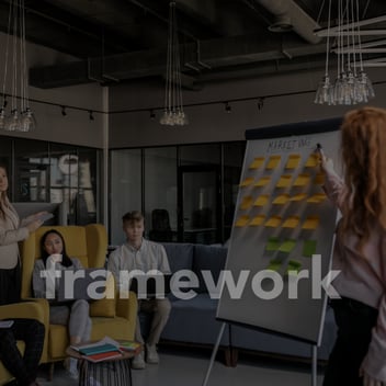Leadership team reviewing a V/TO messaging framework on a whiteboard during an Alchemyze workshop session.